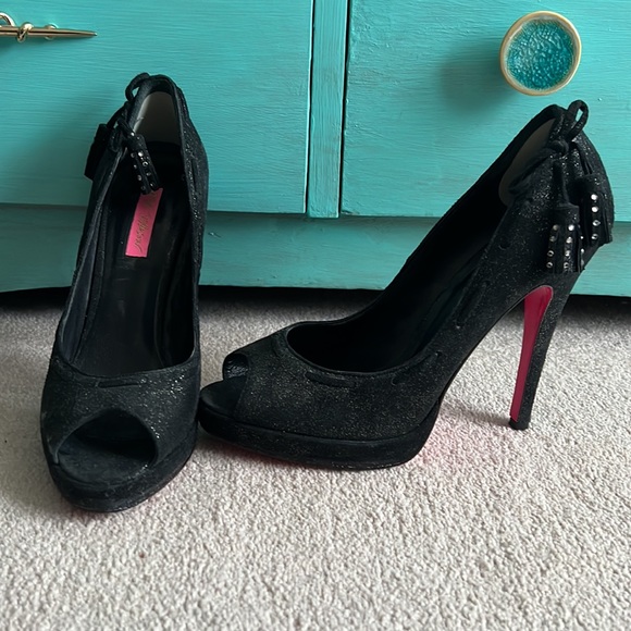 Retro Betsy black with silver sparkle, high-heeled, open toe shoes - Picture 2 of 7